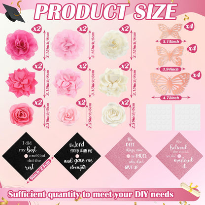Gersoniel 34 Pcs DIY Graduation Cap Decorations Kit Included Artificial Flowers Inspirational Cardstock 3D Butterfly Alphabet Letter Stickers for 2026 Grad Party DIY Hat Grad Cap Topper(Pink)