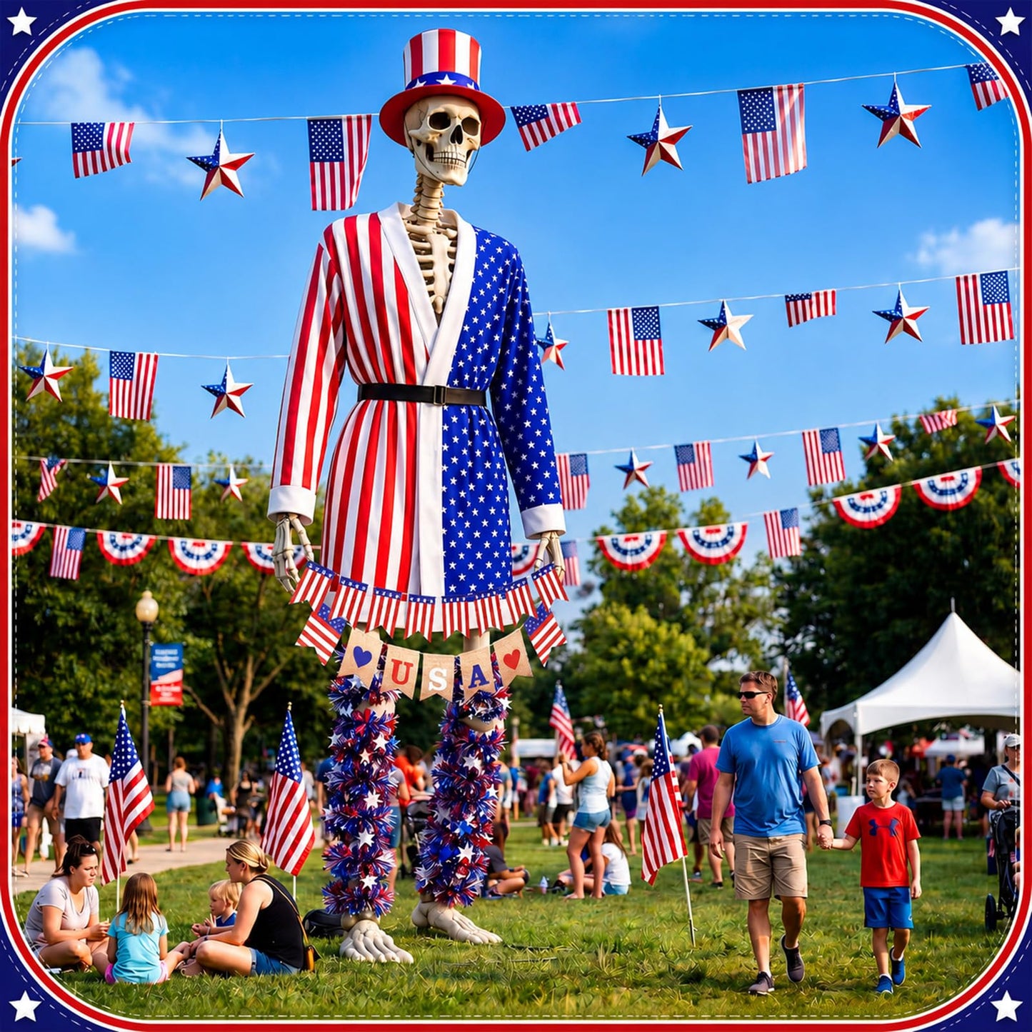 Ramede 8 Pcs 4th of July 12 ft Skeleton Outfit Accessories, Patriotic Red White Blue Hat USA Star Stripes Coat Banners & Tinsel Garlands for 12 Foot Skeleton Costume 250th Anniversary Outdoor Decor