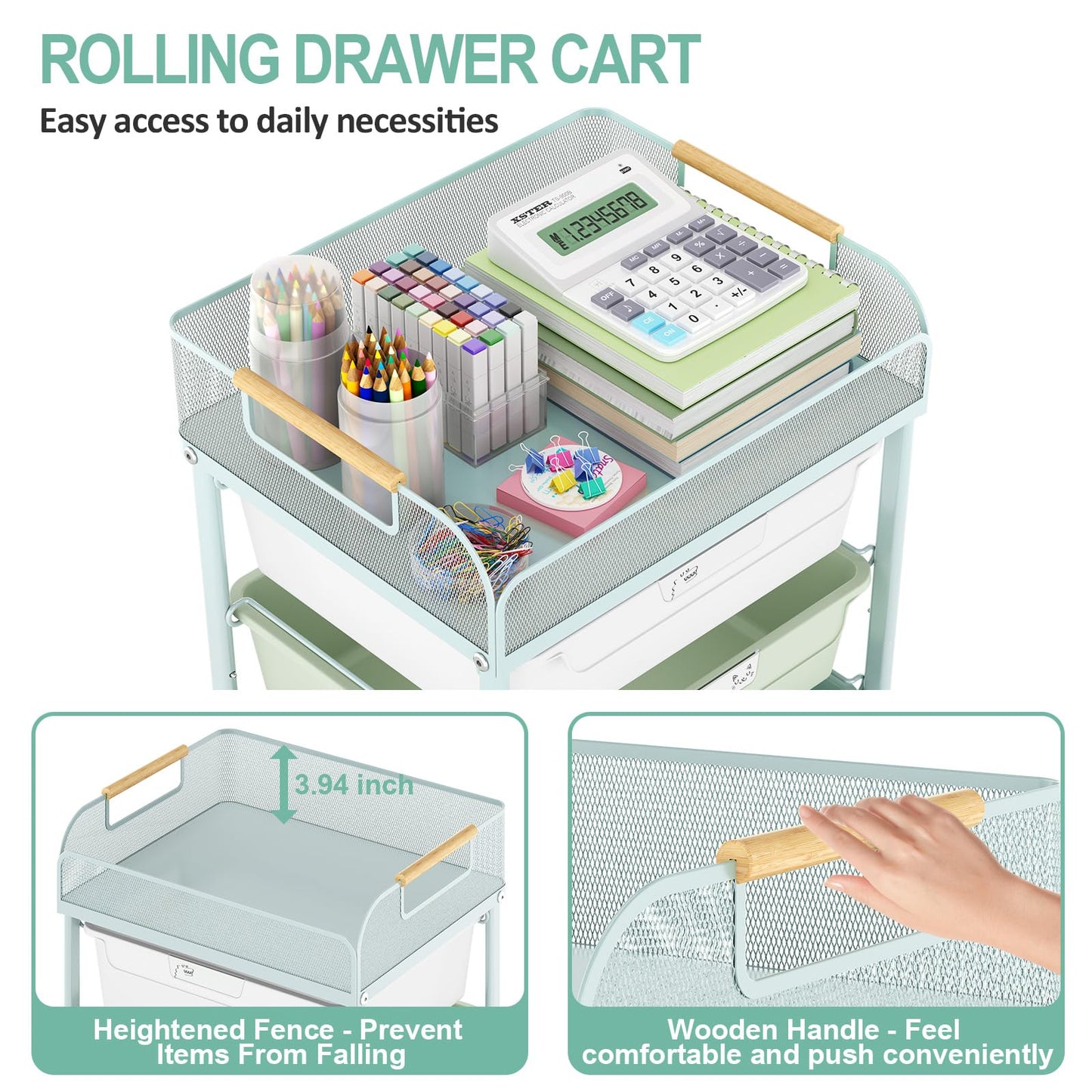 SYKIARIOL 4-Drawer Rolling Storage Cart with Mesh Top, Utility Craft Organizer Cart on Wheels with DIY Labels, Rolling Drawer Cart for Home Office Classroom Bedroom, Green