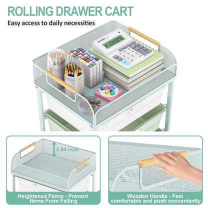 SYKIARIOL 4-Drawer Rolling Storage Cart with Mesh Top, Utility Craft Organizer Cart on Wheels with DIY Labels, Rolling Drawer Cart for Home Office Classroom Bedroom, Green