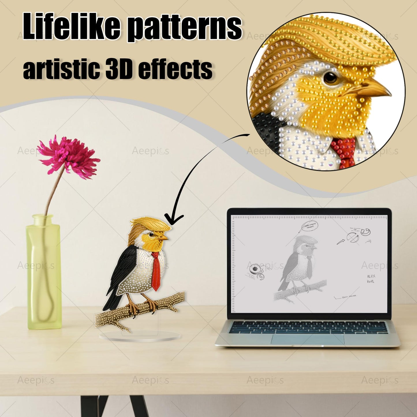 Aeepics DIY Diamond Art Tabletop Kit for Adults, Acrylic Desktop Diamonds Painting Kit Ornament, Stand Up Diamond Art Painting Board Kit (Funny Bird)