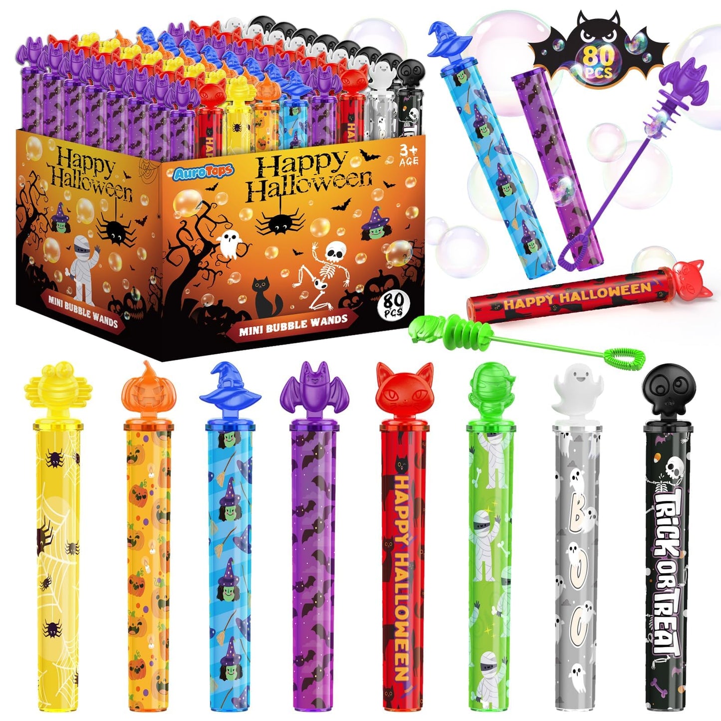 AuroTops 80PCS Halloween Mini Bubble Wands,Halloween Party Favors for Kids,Halloween-Themed Stickers Bubble Wands for Trick or Treat Toys Gifts for Kids Toys,Goodie Bag Stuffers