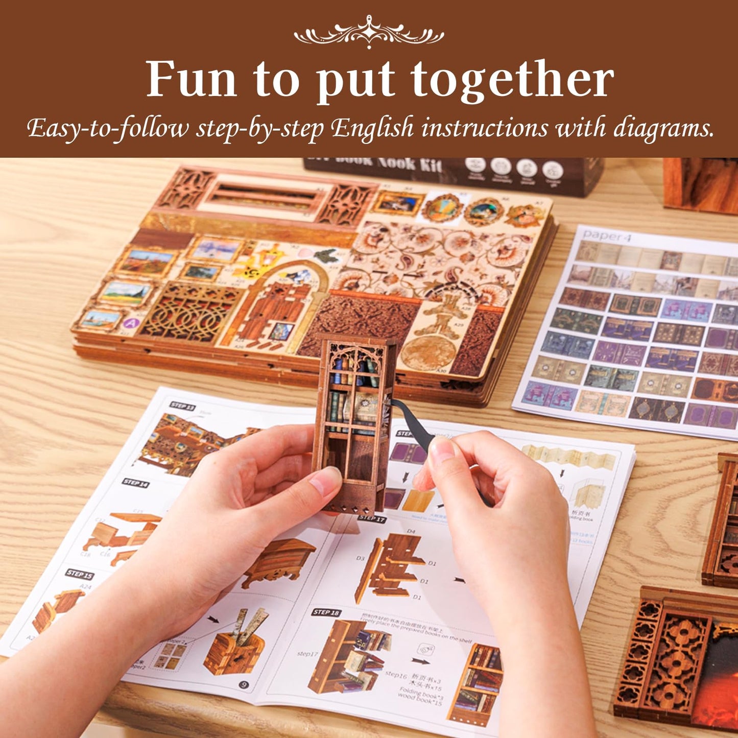 Cutefun Book Nook Kit Library, DIY Miniature Booknook Kit for Adults, 3D Wooden Puzzle Bookend Bookshelf Decor with LED Light & Dust Cover Christmas Crafts Gifts for Book Lovers (Eternal Bookstore)