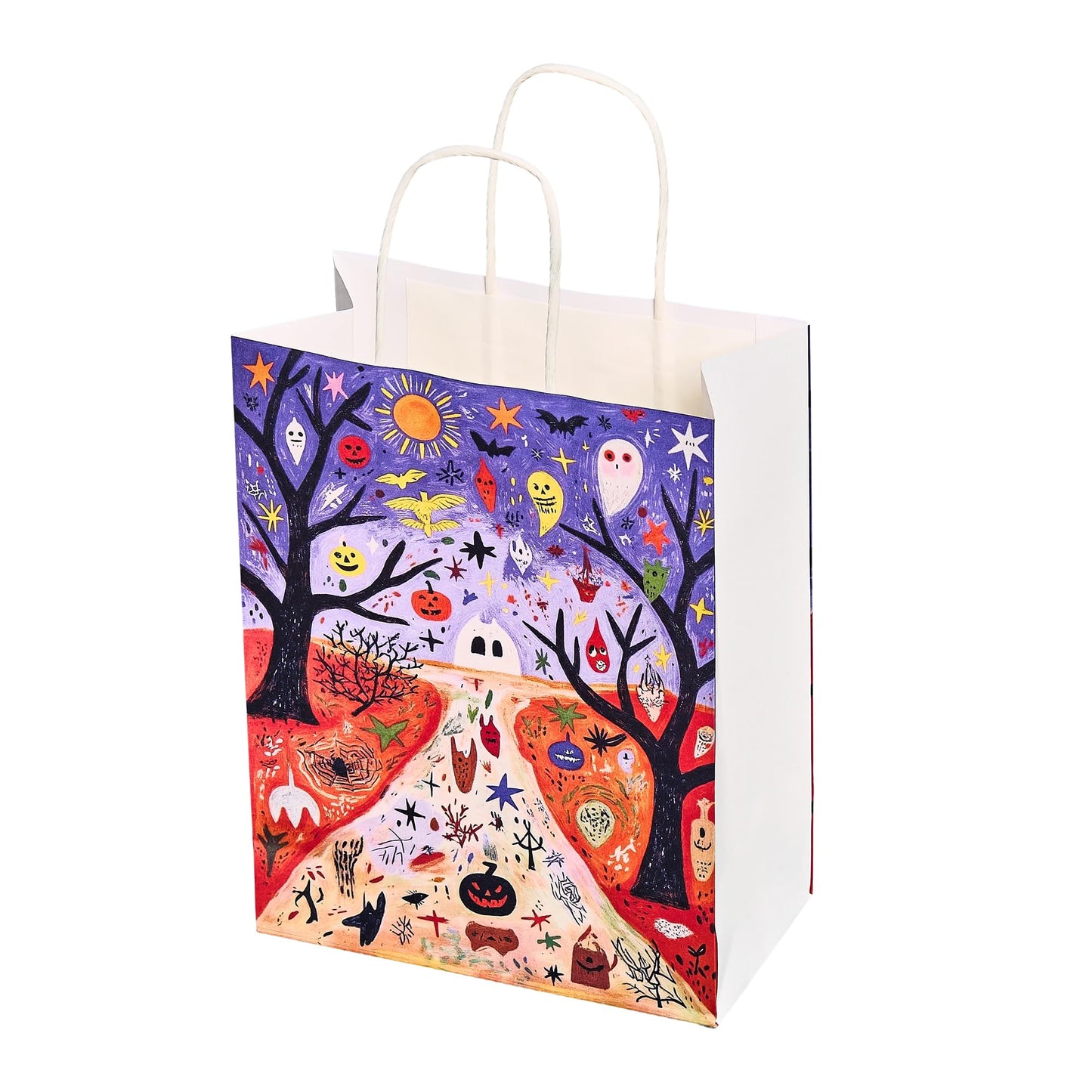 Halloween Paper Bags 8x4.5x11 Inch, Spooky Pumpkin Ghost Bat Design, Trick or Treat Goodie Bags for Party (8-Pack)