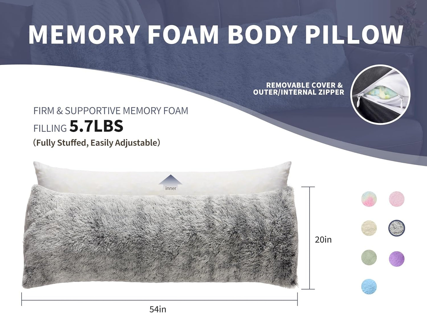 20x54 Fluffy Full Body Pillow for Adults Long Big Body Pillow Cover Pillowcase with Memory Foam for bed Grey Pregnancy