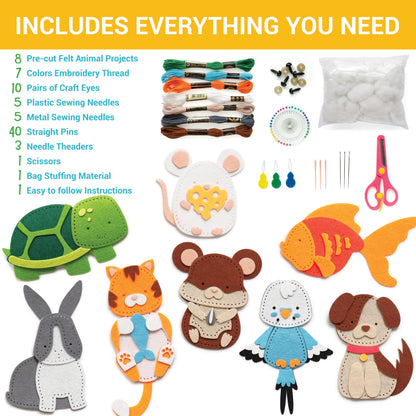 Craftorama Sewing Kit for Kids, Fun and Educational Pets Craft Set for Boys and Girls Age 7-12, Sew Your Own Felt Animals Craft Kit for Beginners, 165 Piece Set