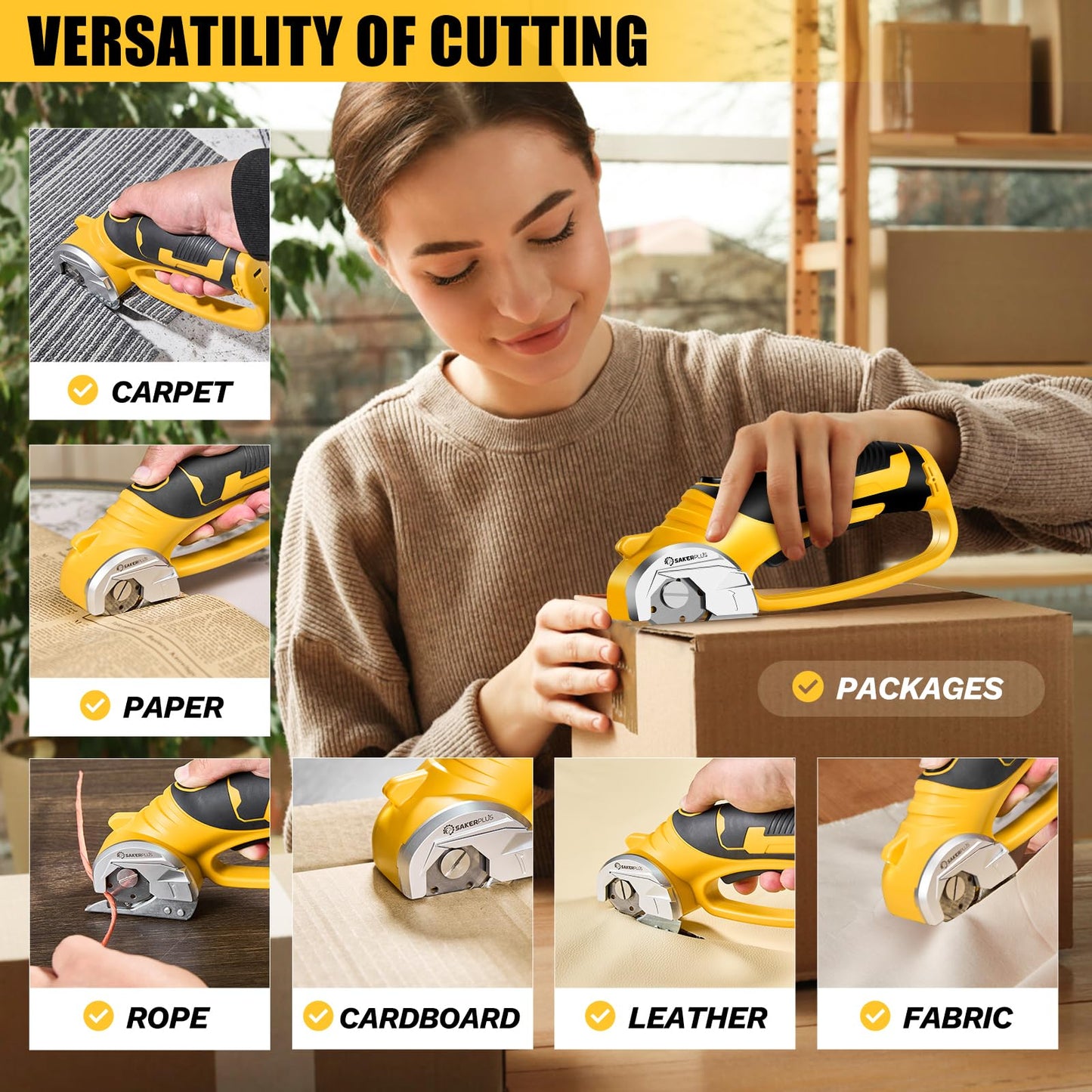 SakerPlus Cordless Electric Scissors, 4V Cardboard Cutter, Box Cutter Fabric Scissor with Safety Lock & LED Light, Rechargeable Power Rotary Cutters for Box Carpet Fabric Plastic Leather