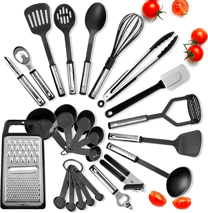Skiennix 24-Piece Kitchen Utensils Set | Heat Resistant Nylon Cooking Tools with Stainless Steel Handles - Black