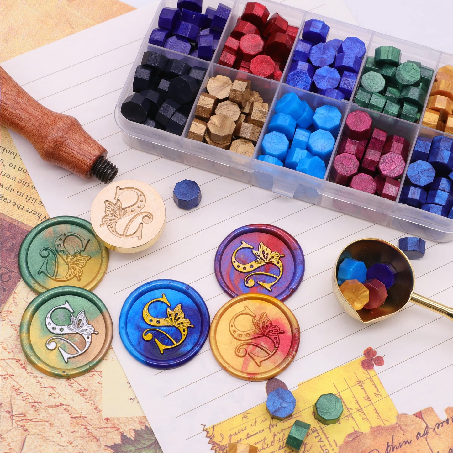SWANGSA Initial Alphabet S Wax Seal Stamp Kit, Vintage Butterfly Letter Sealing Stamp with 200pcs Sealing Wax Beads Kit