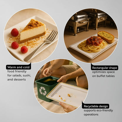 Restaurantware Moderna 9.5 x 6.3 Inch Premium Disposable Plates 100 Rectangular Plastic Plates For Parties - Gold-Rimmed Durable White Plastic Dinner Plates For Warm And Cold Foods