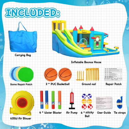 FBSPORT Inflatable Bounce House Water Slide, Bounce House for Kids with Toy Market Stand Splash Pool Bouncer Climbing Wall Water Gun Ball Dart, Bouncy Castle W/620W Blower for Outdoor Indoor, Green