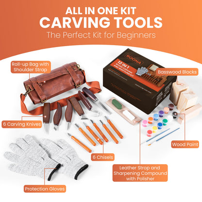 ROONA Wood Carving Kit, 24Pcs with Carving Knives, Chisel Set, Leather Strop, Sharpening Compound with Polisher, Gloves, Paint Set & Basswood Blocks – Whittling Knife Set with Rolling PU Leather Case