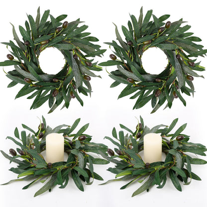 4 Pcs Artificial Green Olive Candle Rings Wreaths Greenery Wreath with Olive Leaves Spring Summer Kitchen Cabinet Wreath for Pillars Farmhouse Festival Wedding Celebrations Tabletop Decoration