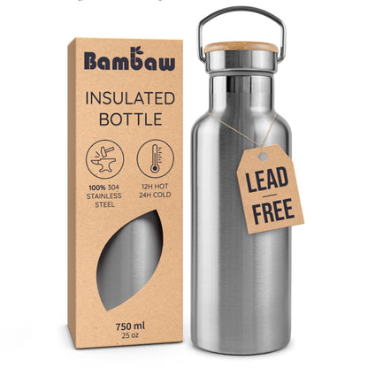 Bambaw 24 oz Metal Water Bottle, Insulated Stainless Steel Water Bottle, Great for Travel, Wide Mouth for Easy Cleaning, Reusable & Durable, Rust-Resistant & Sturdy (Natural Steal)