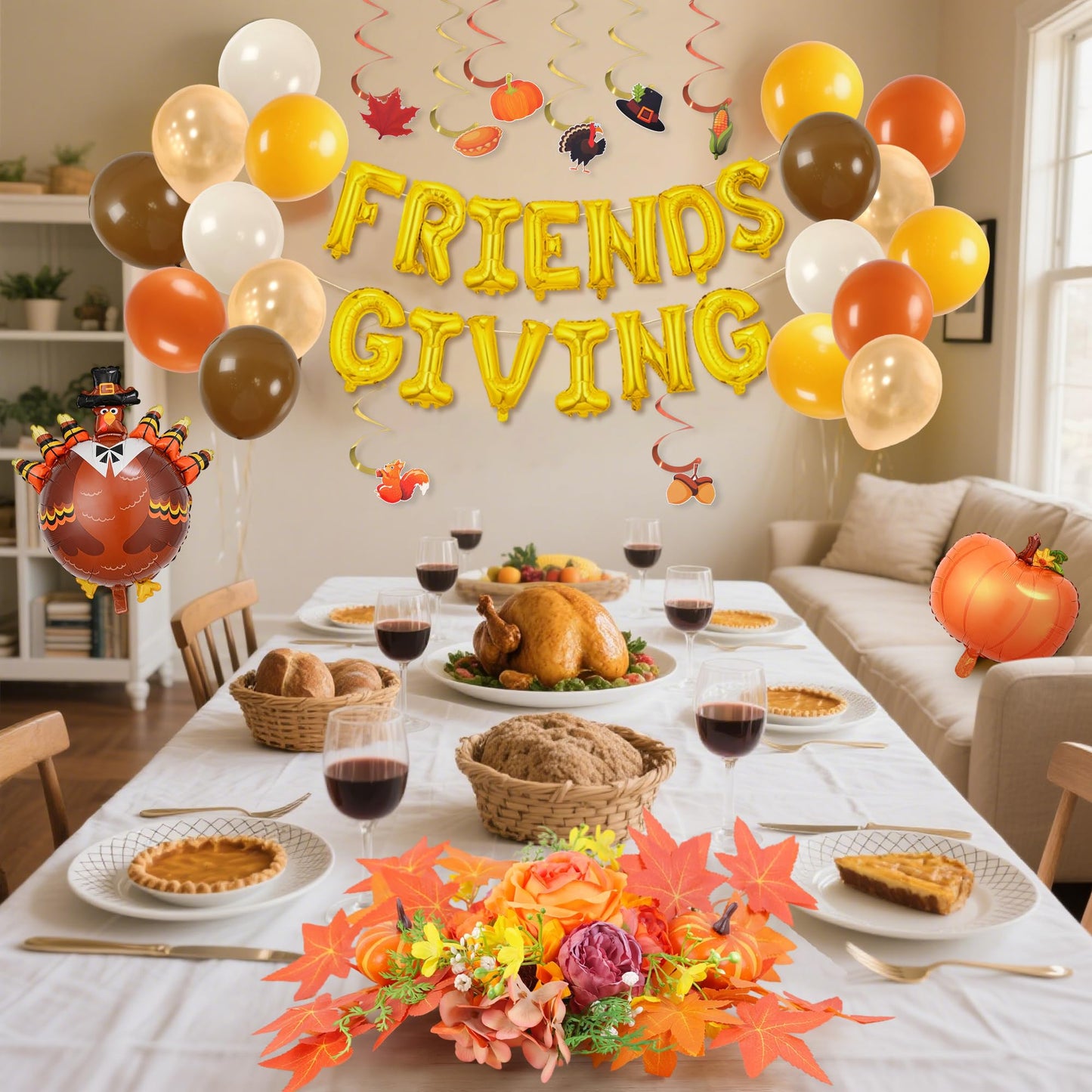 Party to Be Thanksgiving Decorations Set of 38 Pieces Friendsgiving Balloon Banner, Hanging Swirls, Pumpkin and Turkey Balloon Kit, Artificial Flower Dinner Table Centerpiece Fall