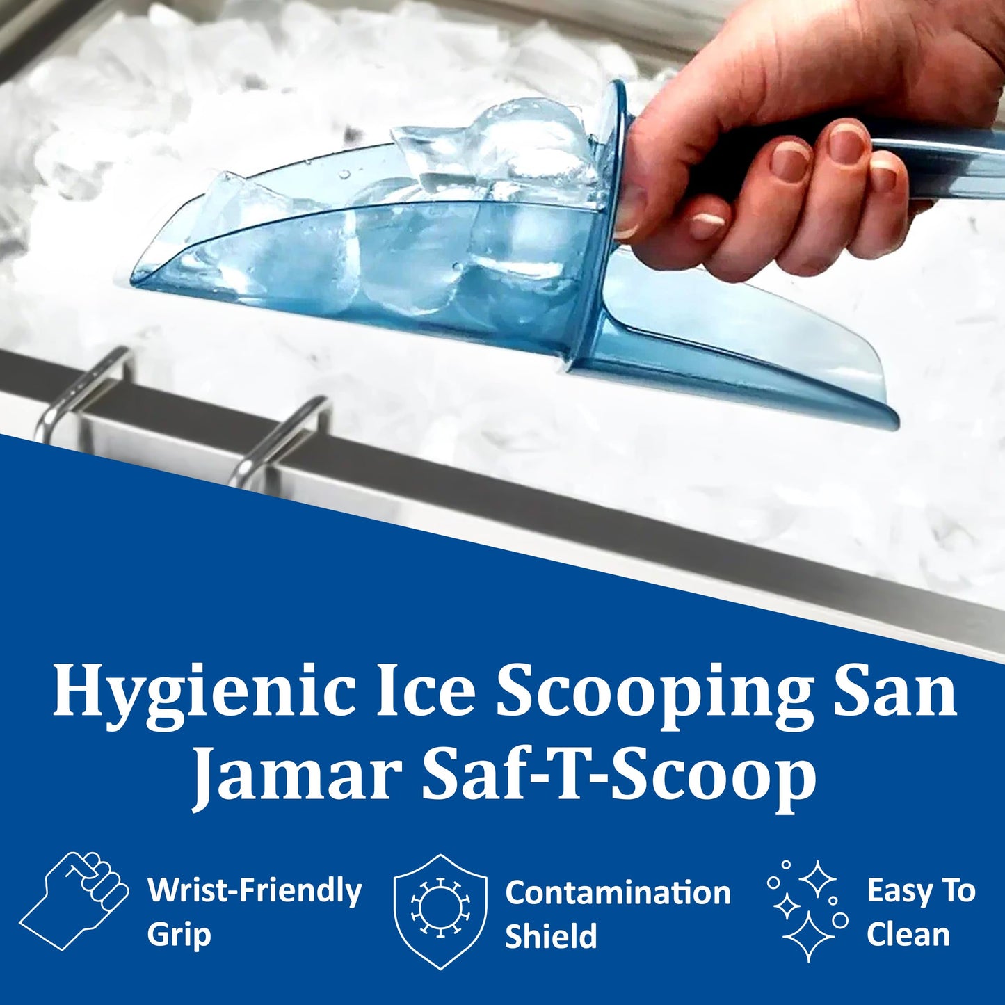 San Jamar Saf-T-Scoop Ice Scoop with Storage Caddy for Kitchens, Restaurants, And Fast Food, Plastic, 64 To 86 Ounces, Blue