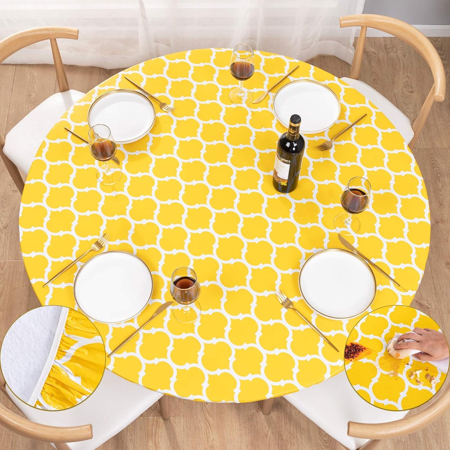 UMINEUX Round Fitted Vinyl Tablecloth with Elastic Edged & Flannel Backing - Waterproof Round Table Cover for Indoor