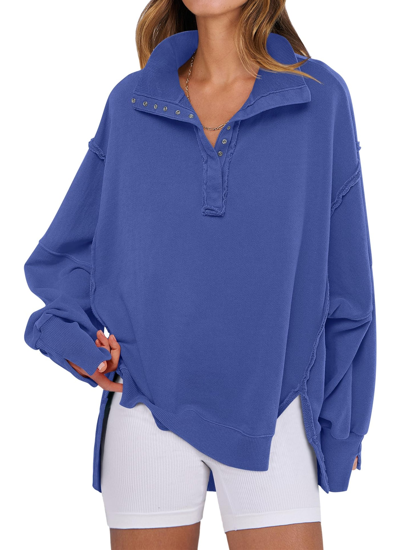 ANRABESS Women's Sweatshirts Oversized Casual Loose Button Up Henley Pullover Top High Low Split 2025 Fall Fashion Outfits