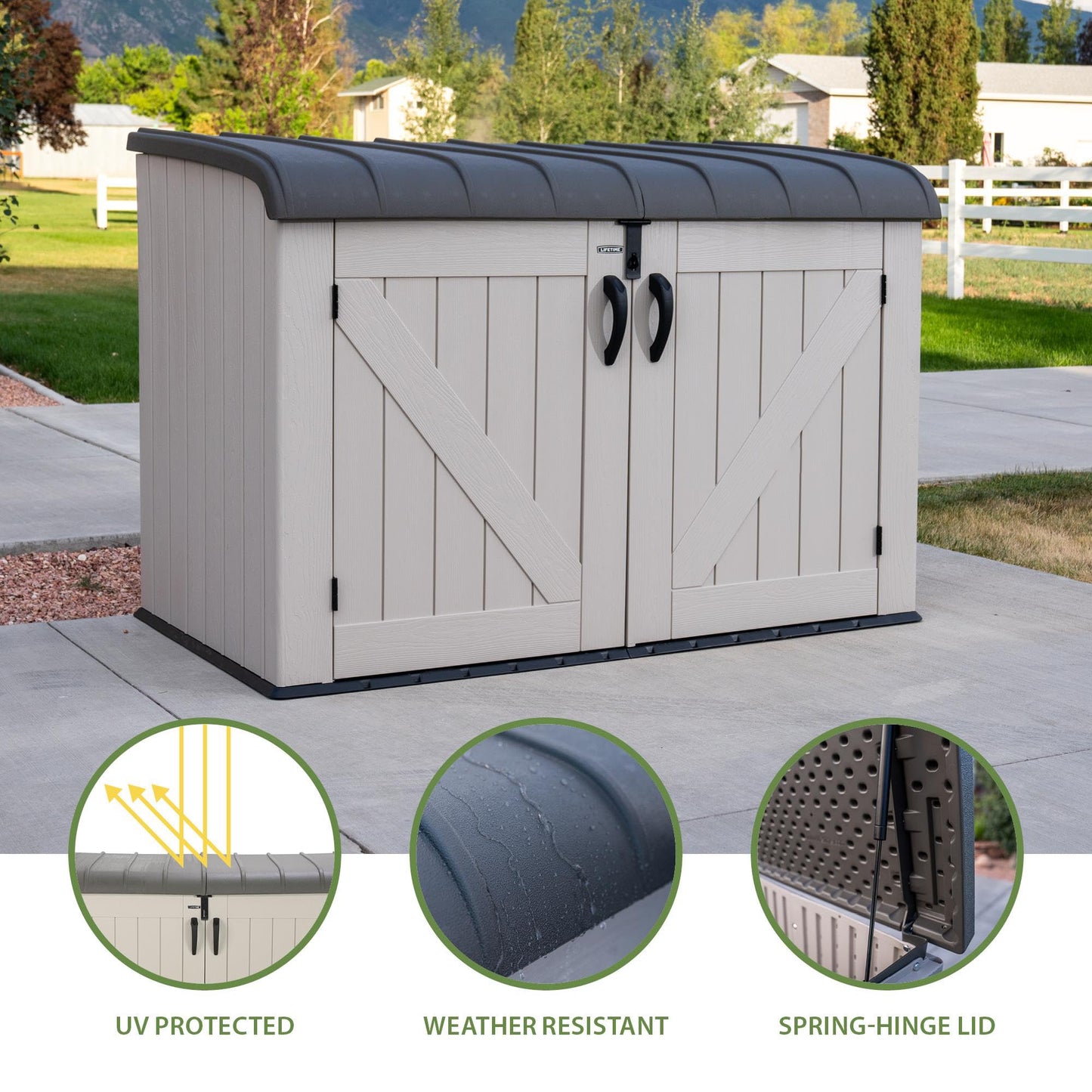 LIFETIME Large Horizontal Outdoor Deck Storage Box, Lockable Spring-Hinge Lid, 561 Gallon Capacity