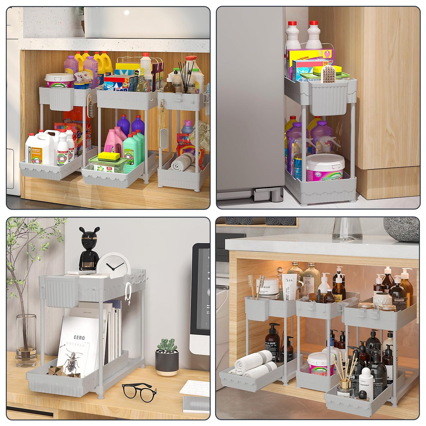 3 Pack Under Sink Organizers, 2-Tier Multi-Use Kitchen and Bathroom Organizers and Storage with Sliding Drawers，Bathroom Cabinet Organizer (Black, 12.8 Inch)