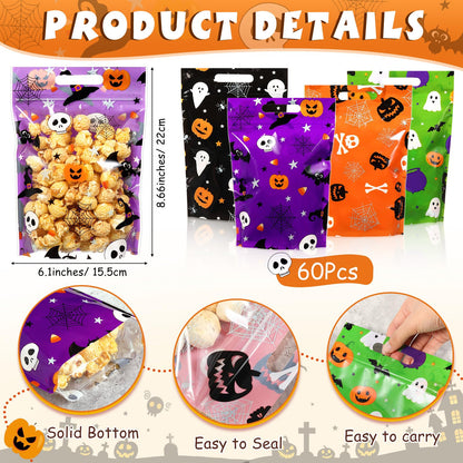 Resholder 60 Pcs Halloween Treat Bags Bulk Plastic Bags with Handle Pumpkin Witch Hat Ghost Candy Goodie Bag Halloween Party Favor Gift Bag for Kids Birthday Party Supplies
