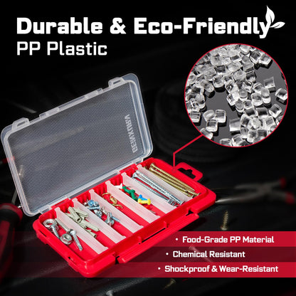 Geinxurn Small Flat Storage Parts Organizer, 4Pcs Red Portable Transparent Plastic Small Parts Tools Box with Removable Dividers, Screwdriver Bit Cases Storage(4 Pieces)