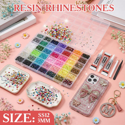 80000Pcs Bedazzling Kit with 3mm Rhinestones, 42 Colors Resin Flatback Nail Rhinestones, Bedazzler Kit with 3 B7000 Glue, Tweezers & Pen, Gems for Crafts, Clothes, Tumblers, Nail Art