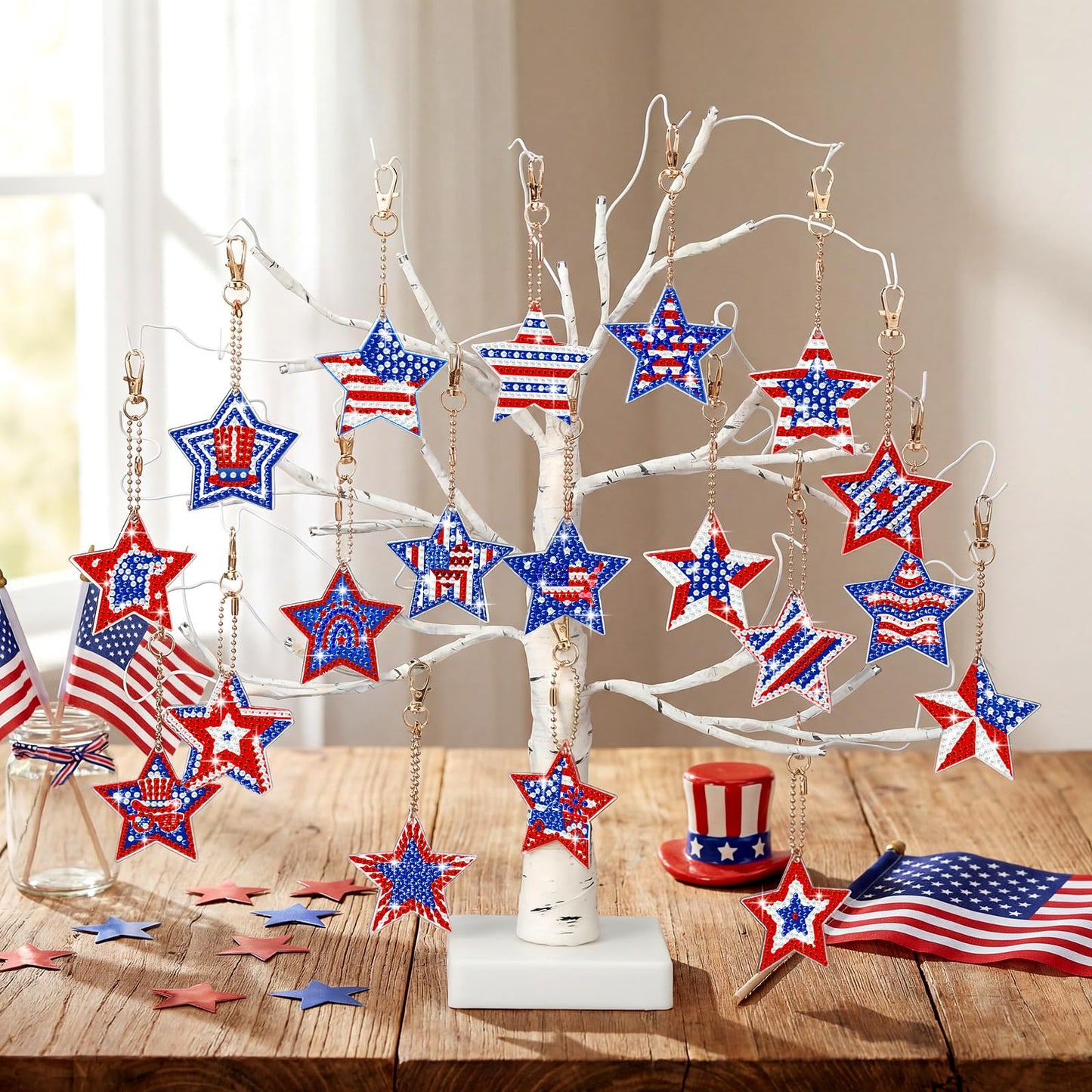 WILLBOND 30 Pcs 4th of July Diamond Art Keychain Kits for Adults Patriotic Diamond Painting Key Ring Double Sided American Flag Red White Blue Star Hanging Ornaments for Independence Day DIY Decor