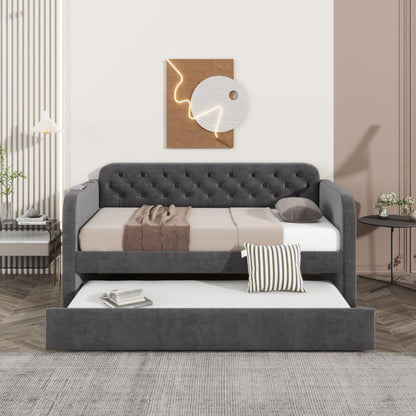 Acosure Twin Size Velvet Upholstered Daybed with Trundle and USB Charging Design,Bed Frame W/Fabric-Tufted Linen Backrest,for Bedroom,Guest Room,Apartment,Dark Grey