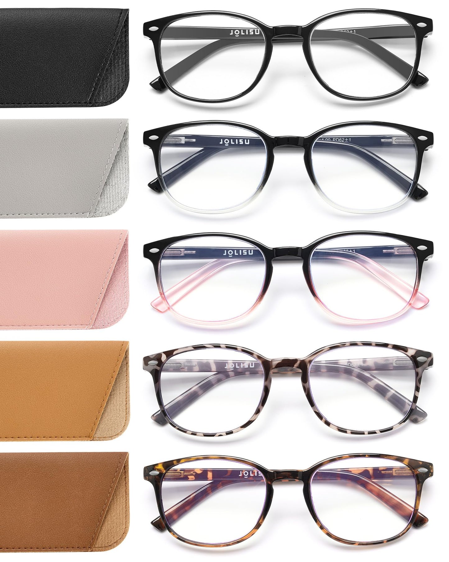 JOLISU 5 Pack Reading Glasses For Women, Blue Light Blocking Computer Reader Spring Hinge Eyeglasses (1.75)