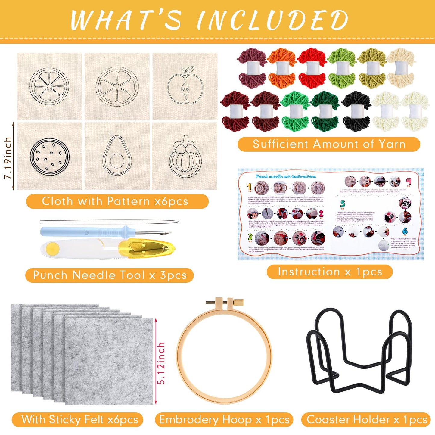 Yaomiao 6 Pcs Fruit Punch Needle Coaster Kit Punch Needle Embroidery Kits Craft Supplies with Patterns Yarns Tools Adhesive Felt Embroidery Hoop Instruction Holder for Adult DIY