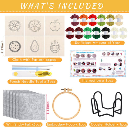 Yaomiao 6 Pcs Fruit Punch Needle Coaster Kit Punch Needle Embroidery Kits Craft Supplies with Patterns Yarns Tools Adhesive Felt Embroidery Hoop Instruction Holder for Adult DIY