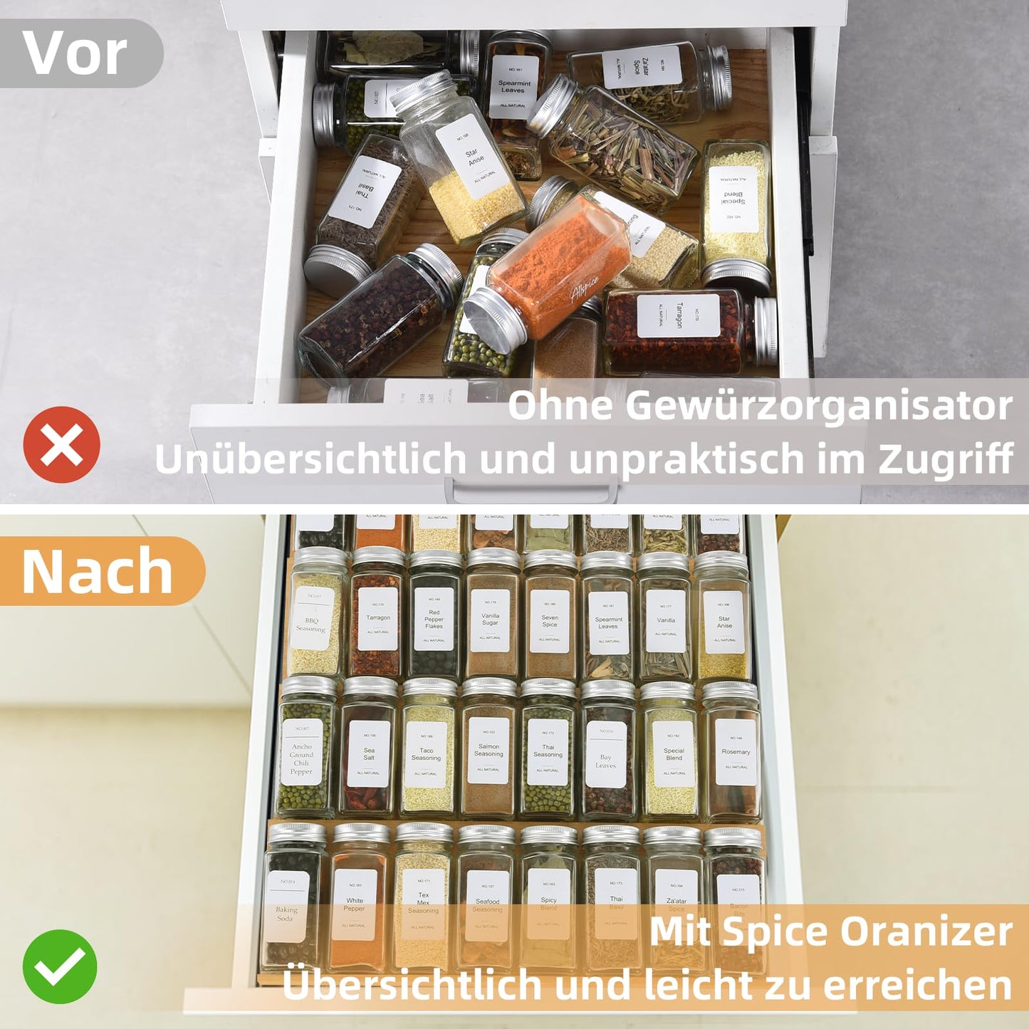 KitHero Spice Drawer Organzier,4 Tiers Bamboo Spice Rack Tray Insert for Cabinet Drawer Countertop, Kitchen Seasoning Storage Drawer Organization,14.57" Wide x 15.8" Deep （Hold UP To 32 Jars