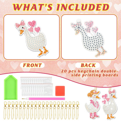 FairySandy 20 Pcs Silly Goose Diamond Painting Keychains Pink Bow Goose Diamond Key Chain Kits for Adults 5d Single Side Cute Farm Animal Hanging Ornament for Beginners DIY Crafts Party