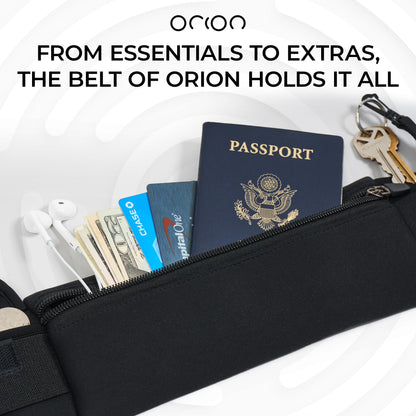 The Belt of Orion Survival Gear Travel Running Belt Waist Fanny Pack Hands Free Way to Carry Sanitizer, Face Mask, Phone, Passport, Keys, ID, Money & Everyday Essentials (Travel 9"x4")
