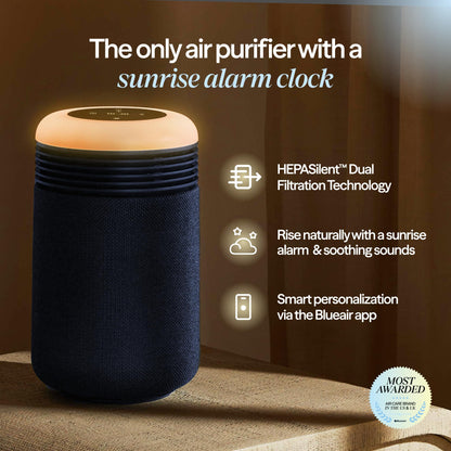 BLUEAIR Purifier for Bedroom - Mini Restful - Sunrise Clock with HEPASilent Filtration and Wake Up Light - Cleans Air and Supports Circadian Rhythm - USB-C and App Connectivity