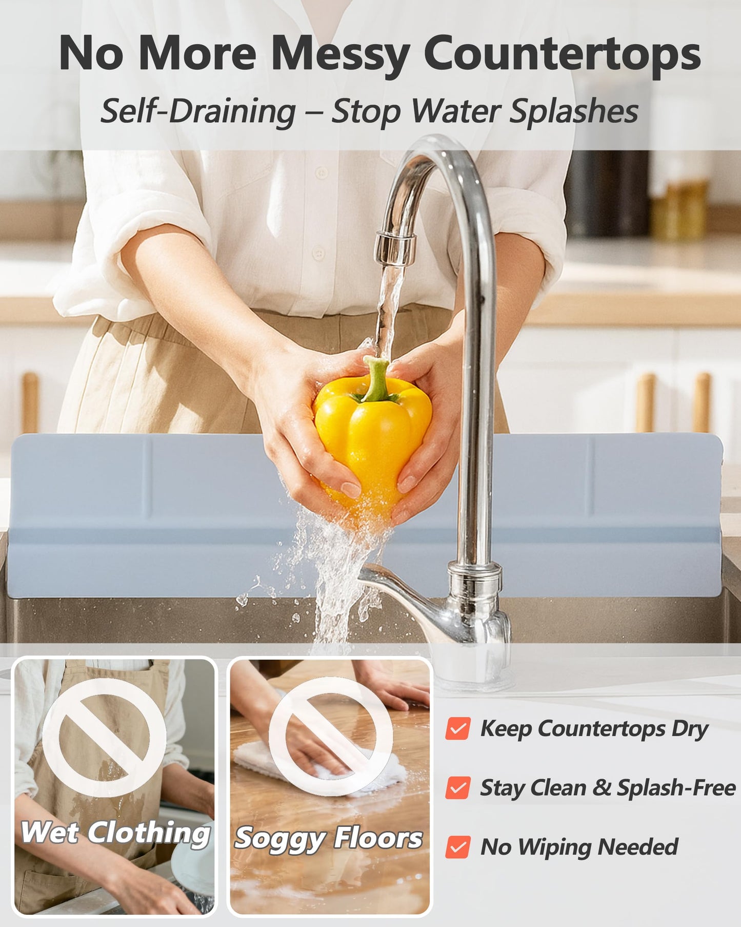 Akrelyan Kitchen Sink Splash Guard 18" 23" Self-Draining Silicone Water Guard with High Splash Wall & Strong Suction Cups for Faucet, Countertop & Sink Edge, Keeps Sinks Dry, Dishwasher Safe, Gray