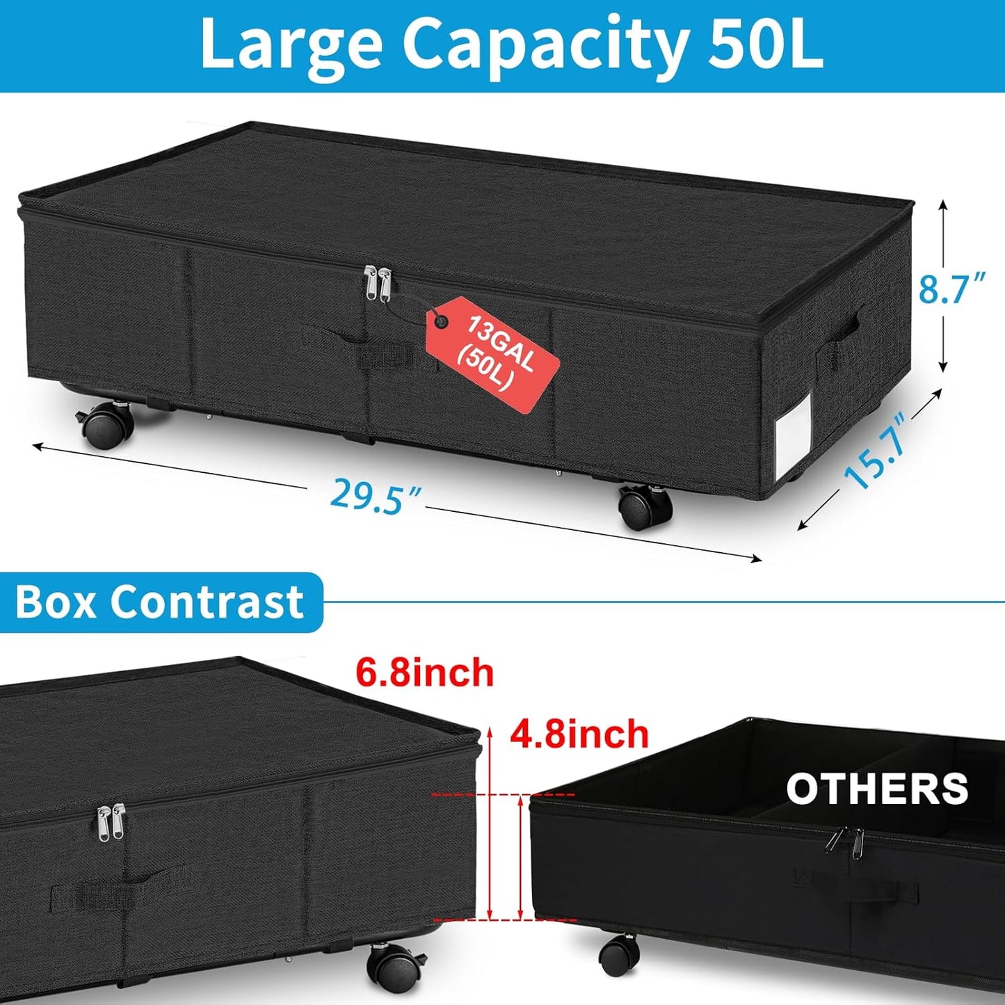Under Bed Storage with Wheels & Lid, 2PCS Container for Blankets, Clothes, and Shoe Storage, Rolling Organizer Bin,