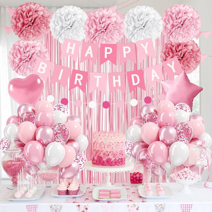 Pink Birthday Decorations with Pink Paper Pompoms Pearl White Balloons Banner Fringe Curtain for Birthday Decorations for Women