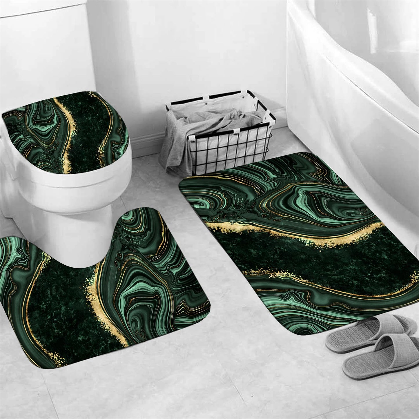 Nkzply 4 Pcs Green Marble Shower Curtain Sets with Rugs Gold Bathroom Sets with Shower Curtain and Rugs Modern Abstract Bathroom Decor Accessories Shower Curtains for Bathroom Toilet Lid Cover