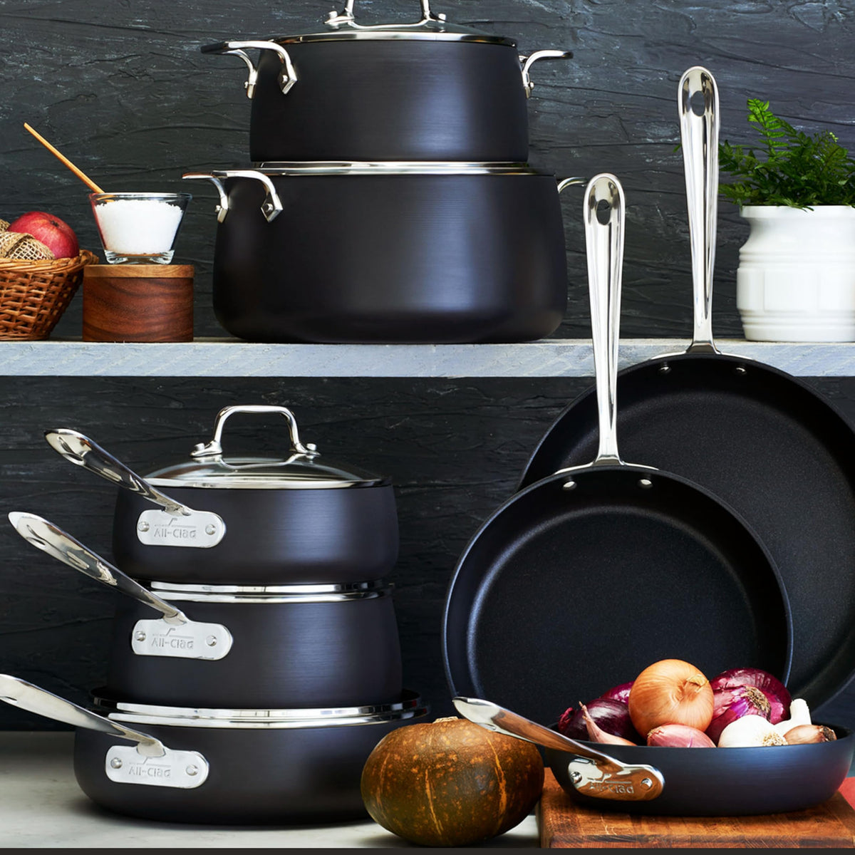 All-Clad HA1 Hard Anodized Nonstick Cookware Set 13 Piece Induction Oven Broiler Safe 500F, Lid Safe 350F Pots and Pans Black
