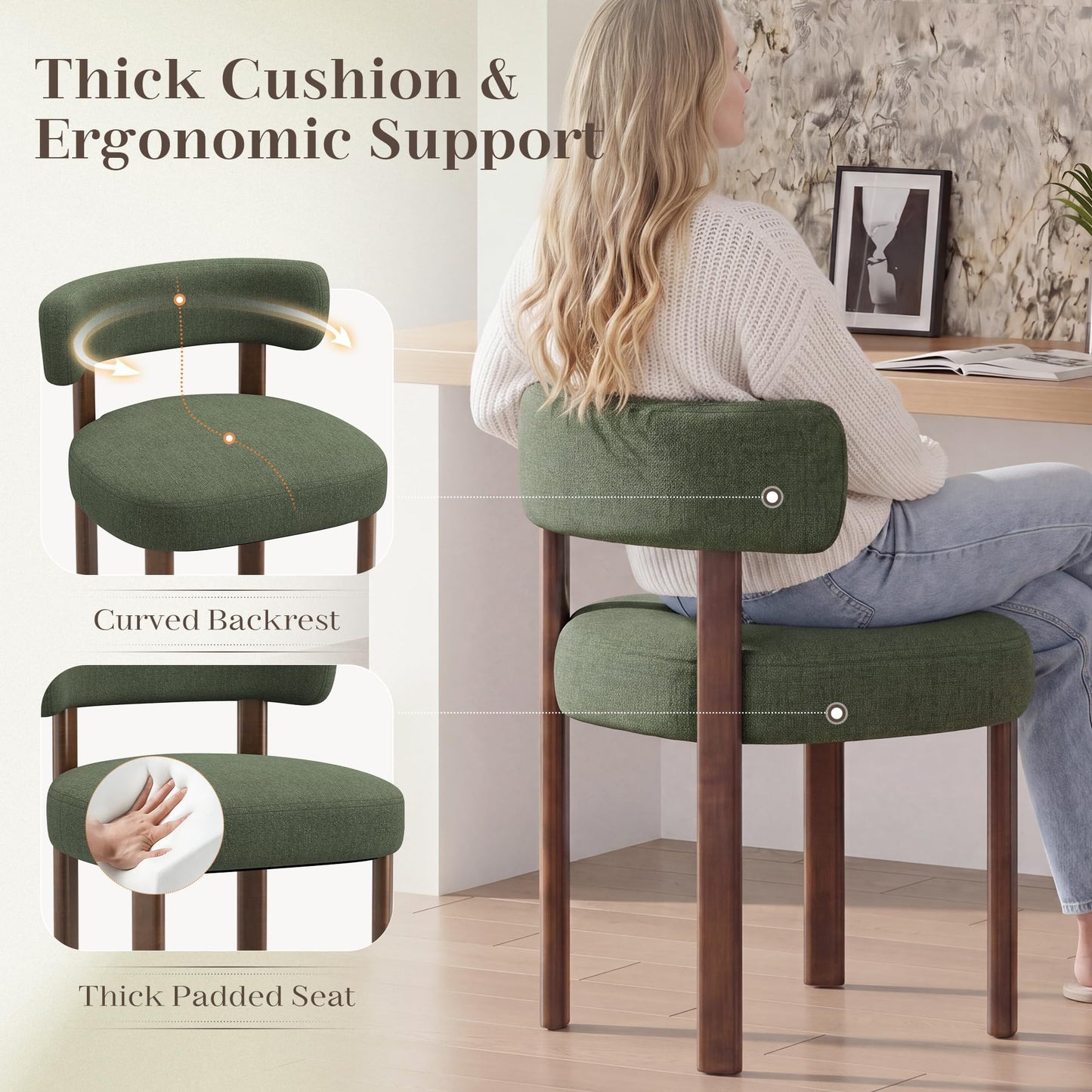 smartue Wooden Dining Chairs Set of 4, Upholstered Kitchen Chairs with Solid Wood Legs, Mid Century Dining Room Chair with Ergonomic Curved Backrest for Kitchen Dining Vanity, Green