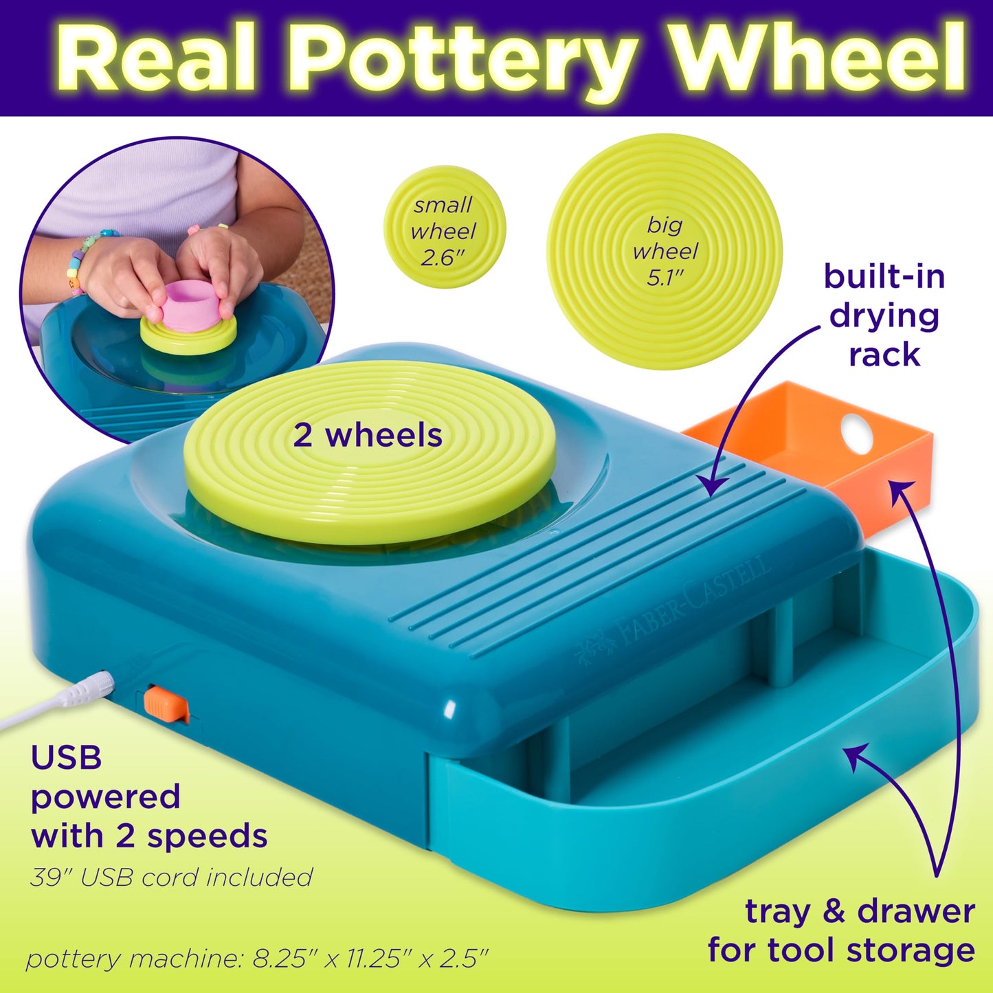Faber-Castell Neon Glow Pottery Studio: Create Your Own Pottery Designs with USB-Powered Pottery Wheel, Air Dry Clay, Neon & Glow in The Dark Paints, Tools & 50+ Craft Supplies for Kids (Ages 8+)