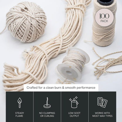 EAP Innovations Cotton Core Candle Making Wicks 6", Ideal for Votives, Pillars, and Containers, All-Fiber Wicks for Candle Making, Steady and Clean Burn, Size 34-40C, Pack of 100