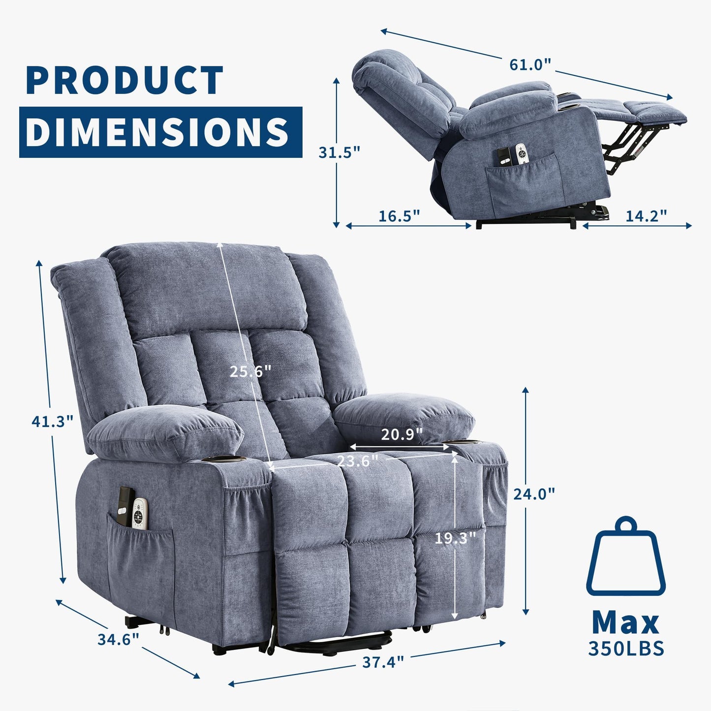 Garvee Power Lift Recliner Chair with Massage and Heat for Elderly Adults Lazy Boy Single Sofa Seat with 3 Positions 2 Side Pockets Cup Holders USB Ports Remote Control