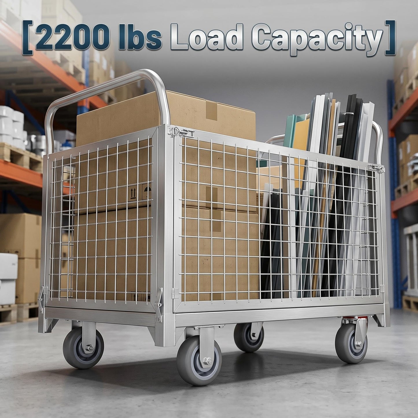 Heavy-Duty Foldable carts with cage, 39.4 x 23.6 inches Rolling cart, Capacity 2200LBS, Utility Heavy-Duty cart with Basket, for Warehouse Luggage handling, Silver