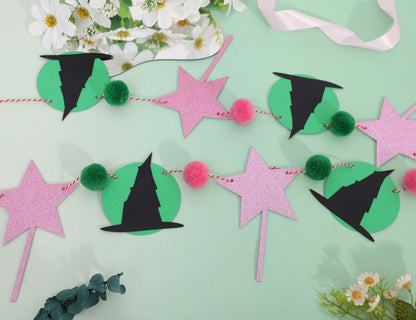 Witch Garland Banner – Pink Fairy Wand and Witch Hat Garland with Pom Poms, Halloween Magic Party Decorations for Girls Birthday, Wizard Theme Decor