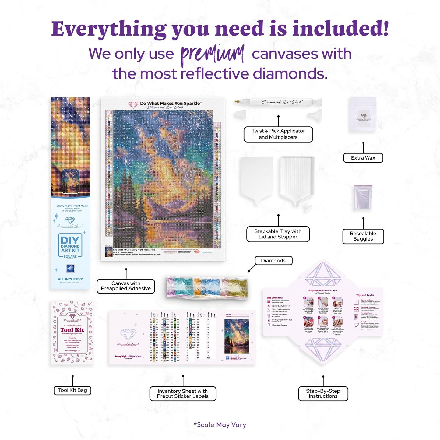 DIAMOND ART CLUB Starry Night - Night Music Diamond Painting Kit, Fun DIY Crafts for Adults, Square Diamond Art Canvas, 13" x 18" (33 cm x 46 cm)