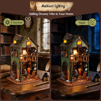 DIY Book Nook Kit | Miniature House Kit with LED Lights | 3D Wooden Puzzles for Adults & Teens | Creative Model Building Kit | Unique Bookshelf Decor & Gift for Craft Lovers | Owl Library