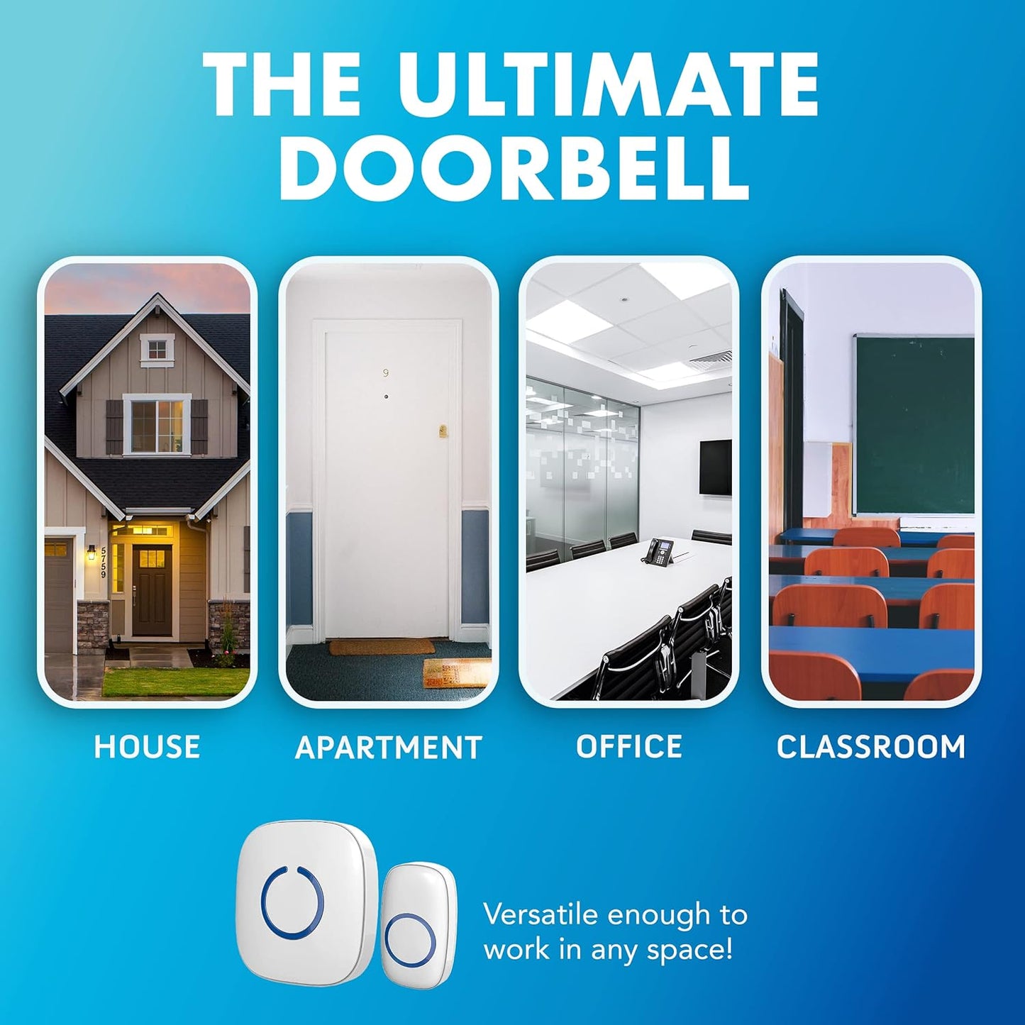 SadoTech Wireless Doorbells for Home, Apartments, Businesses, Classrooms, etc. - 1 Door Bell Ringer & 2 Plug-In Chime Receiver, Battery Operated, Easy-to-Use, Wireless Doorbell w/LED Flash, White